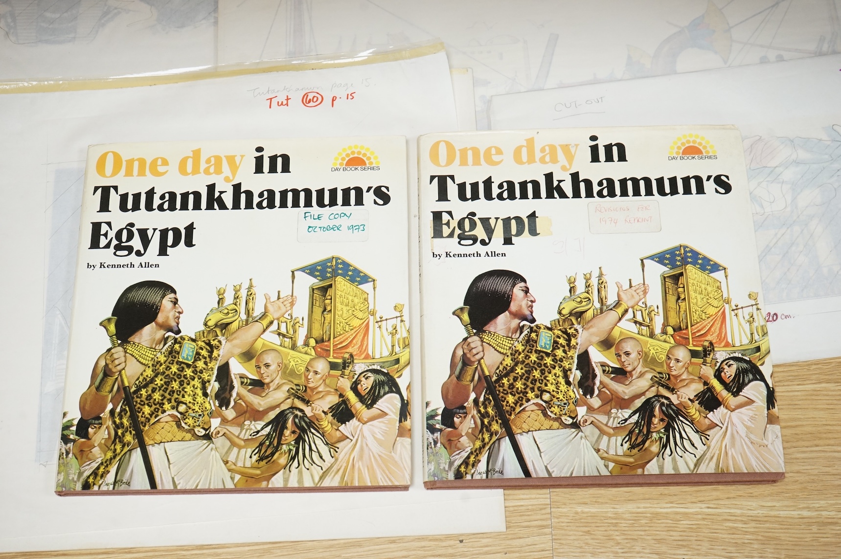 Angus McBride (1931-2007), five illustrations from 'One day in Tutankhamun's Egypt' to include Processions, Pyramid building and Studies of Pharoahs, watercolour and gouaches, largest 38 x 80cm, unframed, together with t